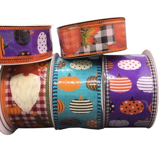 Fall Ribbon Lot 6 Rolls Wired Edge Pumpkins Plaid Gnomes Animal Print Autumn - Picture 4 of 12